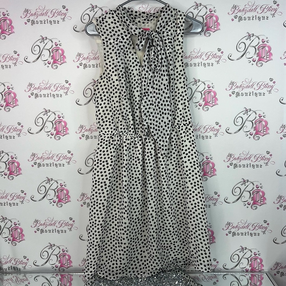 Betsey Johnson dress tie up neckline Black and White Polka Dot Midi Dress